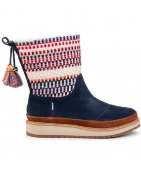 Toms Makenna Tassel Navy Blue Red White Patterned Suede Side Zipper Tall Boots